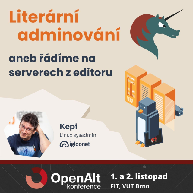 Pozvánka na přednášku s tématem Literární adminování, aneb řádíme na serverech z editoru. Na obrázku je uvedené téma, info o pořádané konferenci, logo org-mode a obrázek tučňáka, držící tablet s doom emacsem.