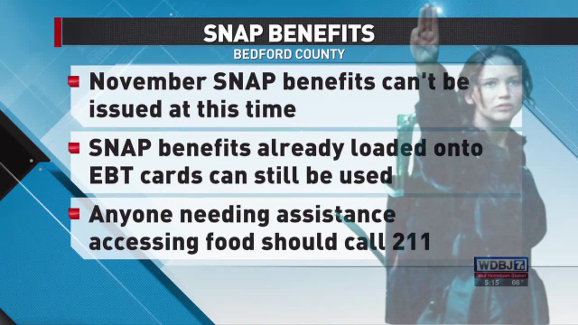TV news screencap of SNAP benefits cancelled in November with Katniss Everdeen faded in the background