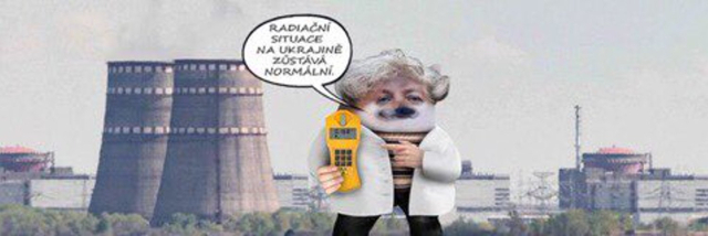 Dana Drábová NAFO picture with dosimeter and her catchline "Situation with radiation in Ukraine is normal"