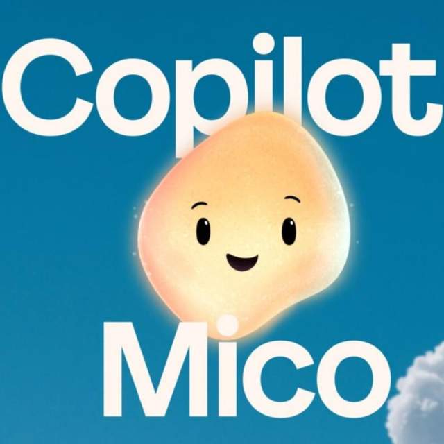 Illustration of shiny, liquid-like blob, tinted somewhat yellow, with a smiling Kawaii face and wrapped with the text “Copilot Mico.”