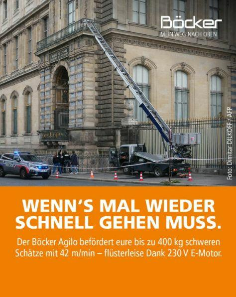 Image of the mechanical ladder outside the Louvre Text below says WENN'S MAL WIEDER SCHNELL GEHEN MUSS (When you need to move fast) Underneath is more German text which translates as "The Böcker Agilo transports your treasures weighing up to 400kg at 42m/min - quiet as a whisper."
