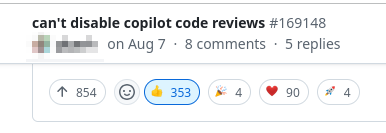 A screenshot of a github discussion titled "can't disable copilot code reviews"