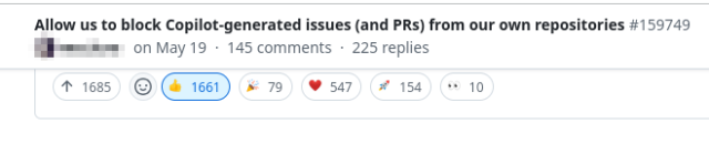 A screenshot of a github discussion titled "Allow us to block Copilot-generated issues (and PRs) from our own repositories"