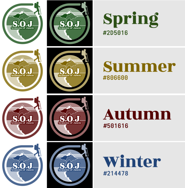 Grid of four seasonal logo color variations labeled Spring, Summer, Autumn, Winter with hex color codes; each logo shows mountains, a river, and a hiker with the text "S.O.J Seasons of Jason."