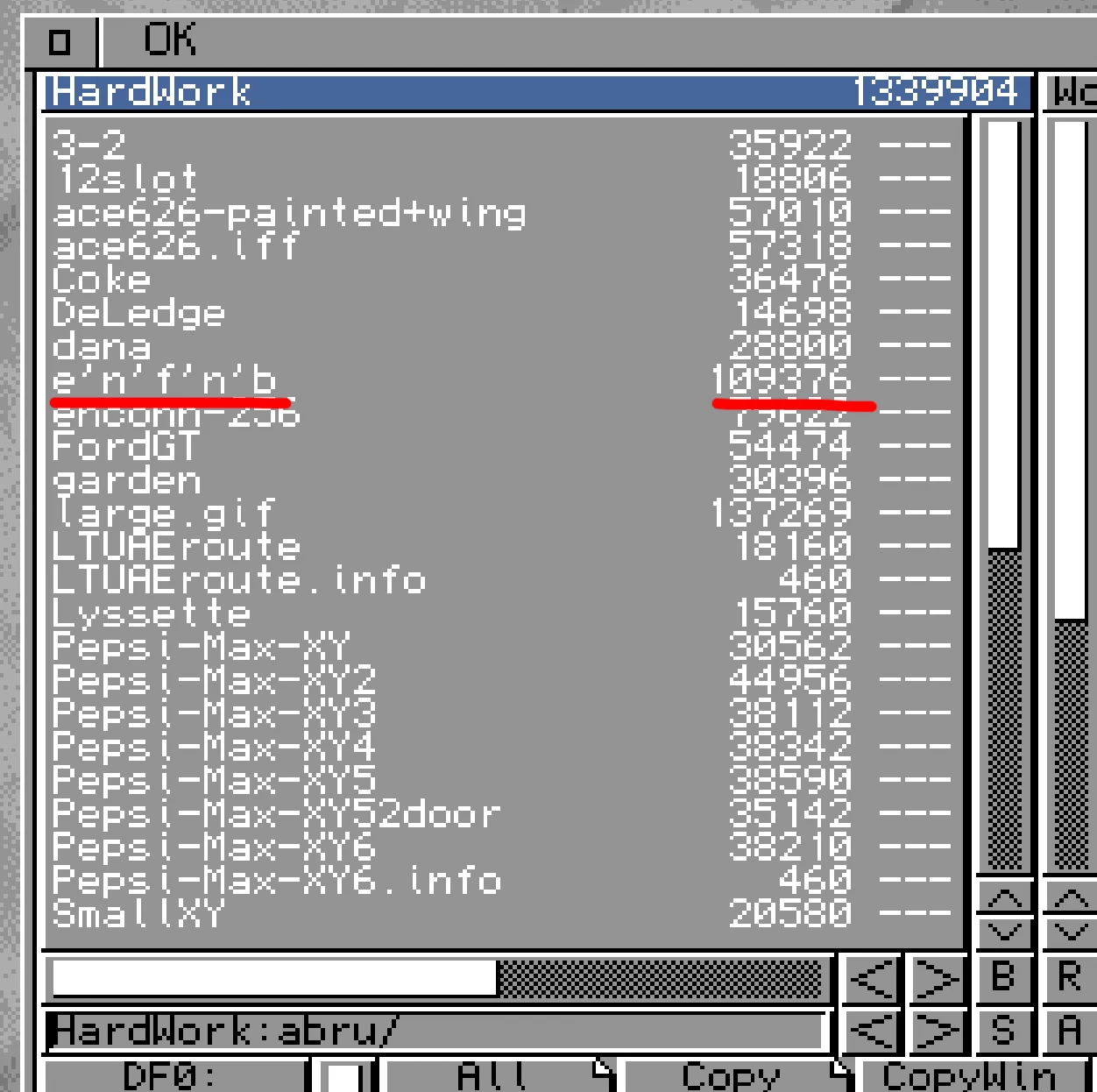 An Amiga screenshot of one of my pics folders from 30 years ago in directory opus. Underlined is one called e’n’f’n’b, 109376 bytes. 