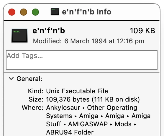 A screenshot from today on my iMac showing the same file as in the previous pic, e’n’f’n’b, 109376 bytes - on my NAS. Because backups work. It’s erroneously called a Unix Executable File cos the macos doesn’t know what a deluxepaint iff file is.