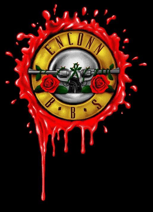 The picture referred to in the main post, a riff on the guns n roses logo for an album I can’t remember of a bullet shell and gooey blood, pistols and roses. Instead of the guns n roses text it advertises Enconn BBS. It’s a 16 colour deluxepaint image with hand dithered shading. 