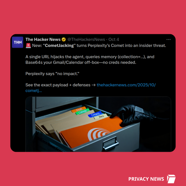 Screenshot from The Hacker News on X: "New: CometJacking turns Perplexity's Comet into an insider threat."