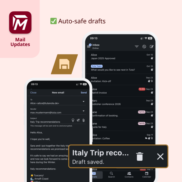 Tuta Mail updates: Auto-save drafts. Image of the Tuta Mail mobile apps with an email open and a draft auto-saved. 
