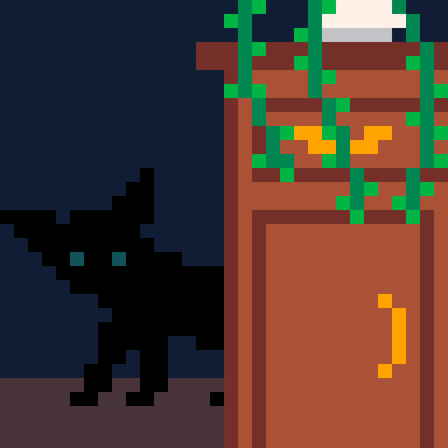 Pixel Art of a wooden dresser with brass pulls. On top of it is a vine plant in a white pot. In the shadows behind the dresser is a black cat.