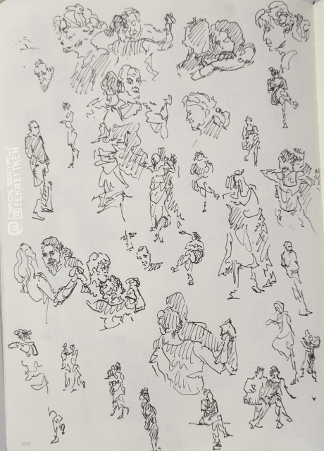 Black Fineliner on paper 

Various sketches of people dancing, standing and sitting. bodies and faces.