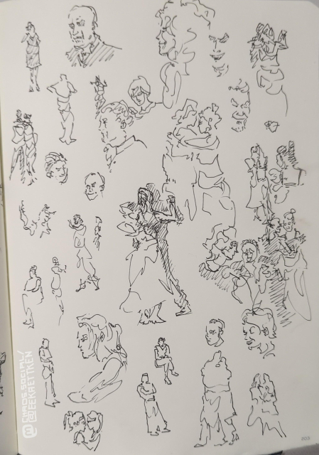 Black ink on paper 

Various sketches of people dancing, standing and sitting. bodies and faces.