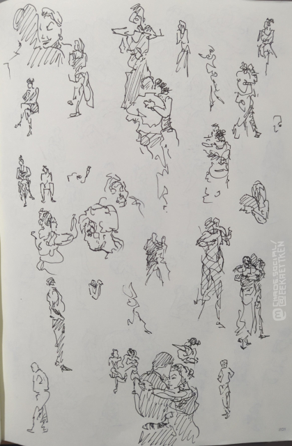 Black ink on paper 

Various sketches of people dancing, standing and sitting. bodies and faces.