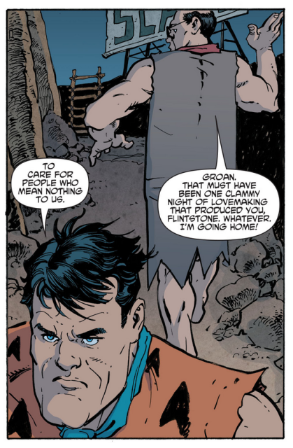 Fred Flintstone replies that civilisation depends on caring about people who mean nothing to us