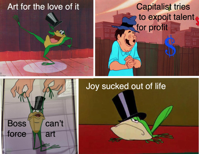 Four panel cartoon. Frog dancing  and singing "Art for the Love of It." Next is greedy guy with dollar signs wanting to profit off the frog. Third is frog not performing when told. Fourth is sad frog "Joy sucked out of life."

