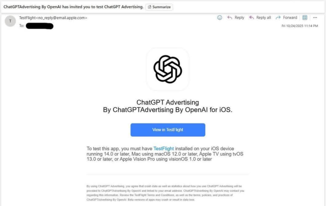 Email invitation from "TestFlight" to test "ChatGPT Advertising by OpenAI for iOS" with a button to "View in TestFlight."
