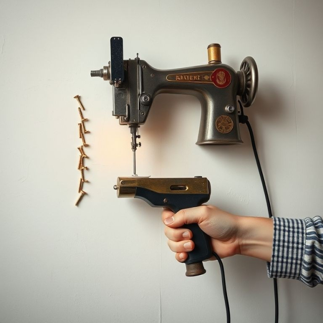 AI generated image of a using a sewing machine to fix nails to a wall. But it's shaped as an odd invention looking like a sewing machine fixed on top of a hand gun.