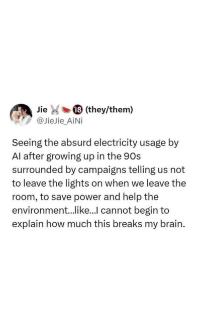 Post from Jie (they/them)

Seeing the absurd electricity usage by AI after growing up in the 90's surrounded by campaigns telling us not to leave the lights on when we leave the room, to save power and help the environment ... like ... I cannot begin to explain how much this breaks my brain.
