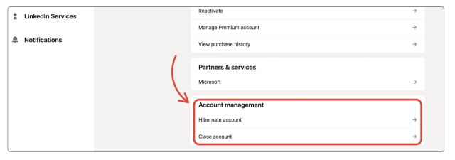 The linkedin settings with the reader's attention being drawn to the section where you can close or hibernate your account.