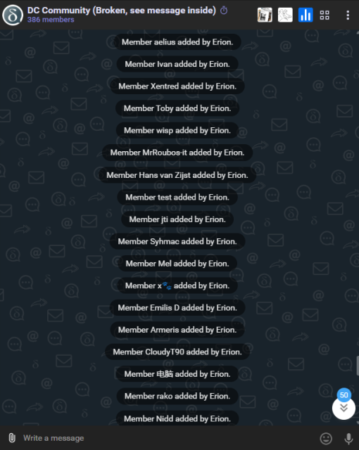 A random screenshot from Delta Chat with one page of control messages, from hundreds that just came through.