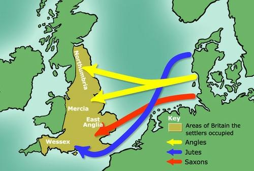 A map of England showing it being invaded by the Angles, Saxons and Jutes pushing the celts into Scotland and Wales