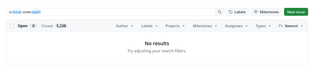"no results" when listing open issues for the curl repo on GitHub
