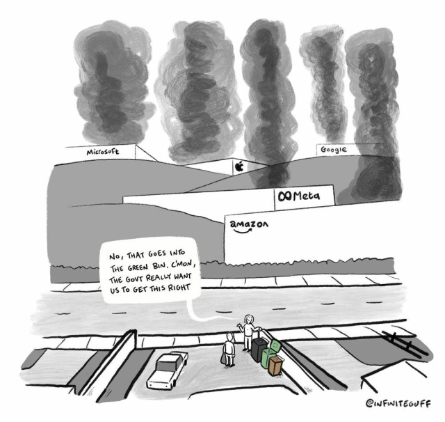 A cartoon of five huge data centres generating steam in the background by Microsoft, Apple, Google, Meta and Amazon whole two tiny humans sort bottles in a bottle bank

"No that goes in the green bin. Cmon, the Govt really wants us to get this right"