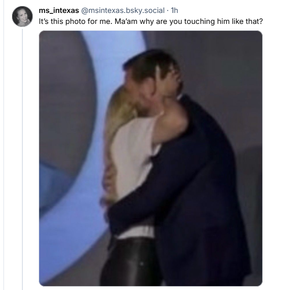 ms_intexas @msintexas.bsky.social - Th
It's this photo for me. Ma'am why are you touching him like that?

Erika Kirk in her leather grieving pants clutching JD Vance on stage like a precious egg
