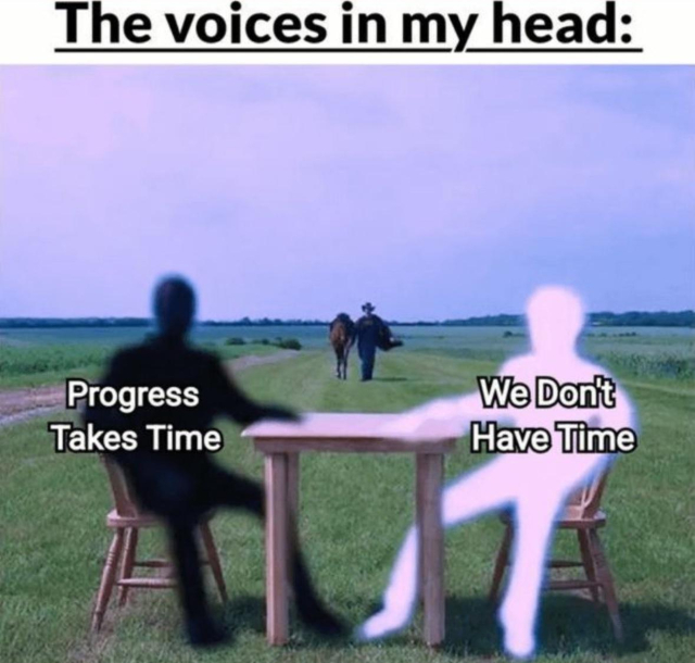 A meme with the caption "The voices in my head:". In a field, two silhouetted figures sit at a table. The black figure on the left is labeled "Progress Takes Time," and the glowing white figure on the right is labeled "We Don't Have Time." In the background, a person in a cowboy hat walks away, leading a horse down a dirt path.