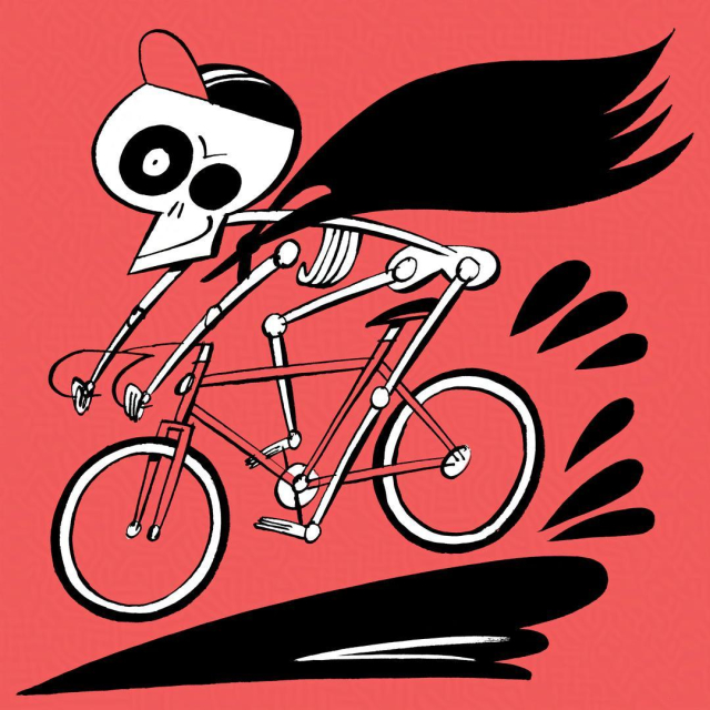 A drawing of a skeleton in cloak and cycling cap riding a bicycle through a black puddle.
