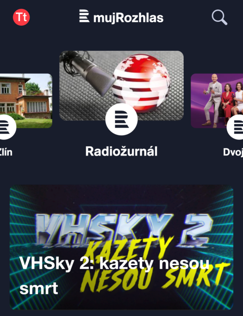 screenshot aplikace mujRozhlas kde hlavní část tvoří upoutávka na další díl podcastu VHSky