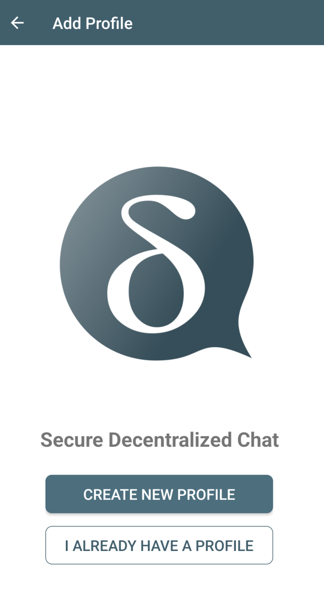 Start screen of https;//get.delta.chat apps which shows 

Delta chat logo (Greek letter delta) 

Secure decentralized chat

"Create new profile" button highlighted 