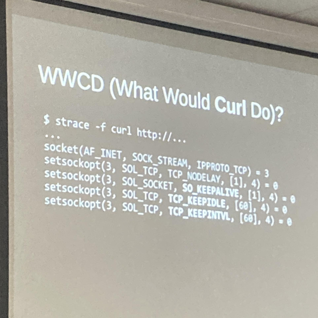 A presentation screen showing a slide titled “WWCD (what would curl do?)” with the output of strace showing a bunch of setsockopt calls. 