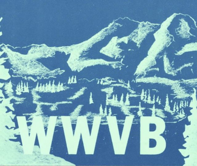 callsign for radio station wwvb on postcard showing a print of colorado mountains.