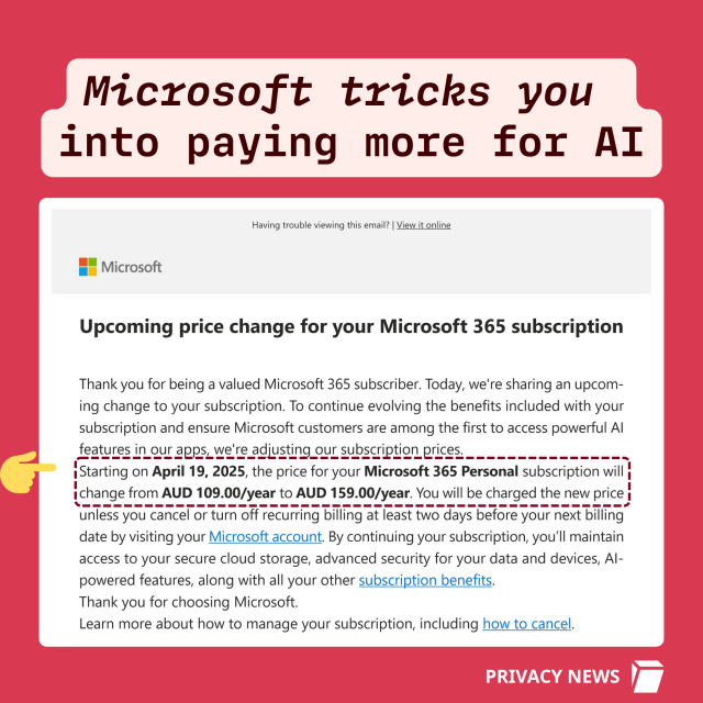 Screenshot of Microsoft's upcoming price changes with a headline Microsoft tricks you into paying more for AI. 