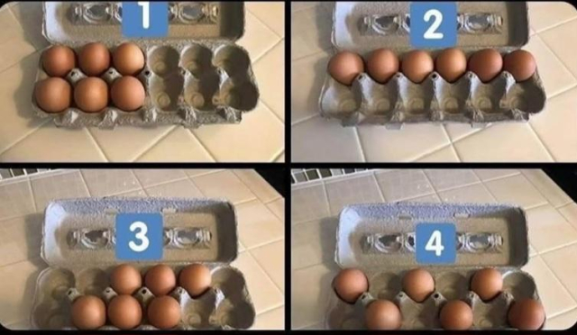 4 egg cartons, where the eggs have been removed in different ways:

1: All the eggs have been taken from the right side of the carton 

2: All the eggs have been removed from the front half of the carton 

3: Three eggs have been taken from each side 

4: Every Other egg has been removed from the carton, leaving a space between each egg.