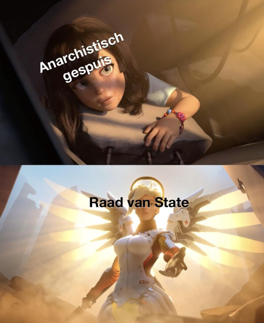 Mercy uit Overwatch steekt een hand uit naar een kind dat tussen puin ligt. Het kind is gelabeled als "Anarchistisch gespuis," Mercy als "Raad van State."