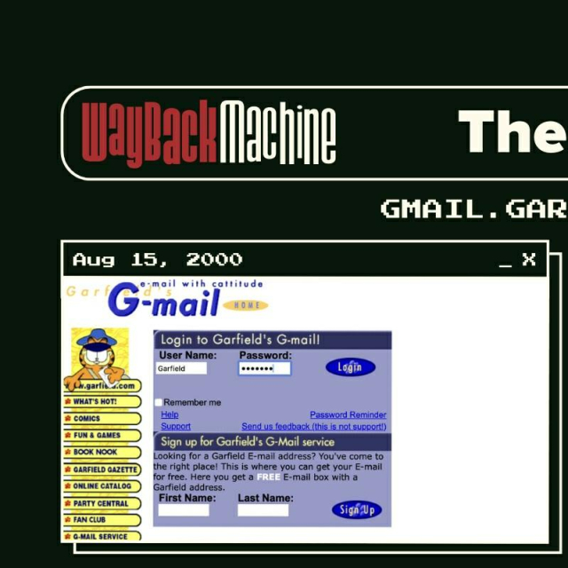 A screenshot of the G-mail login in 2000, part of Gmail.garfield.com