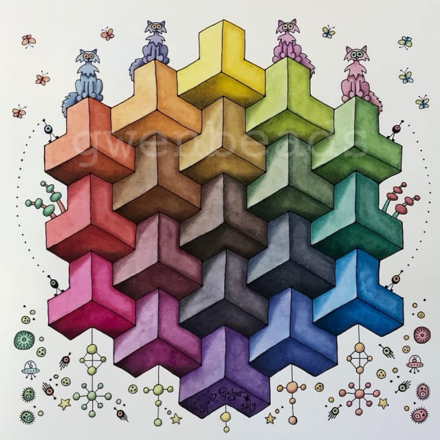 Painting of blocks that appear to be 3D in three hexagonal rings that all fit together like a tessellation. The outer ring is 12 blocks forming a color wheel. The middle ring is 6 blocks forming a muted color wheel. The center is a single gray block. Cats sit on top. Around the outside are doodles of various things like butterflies and space ships. 