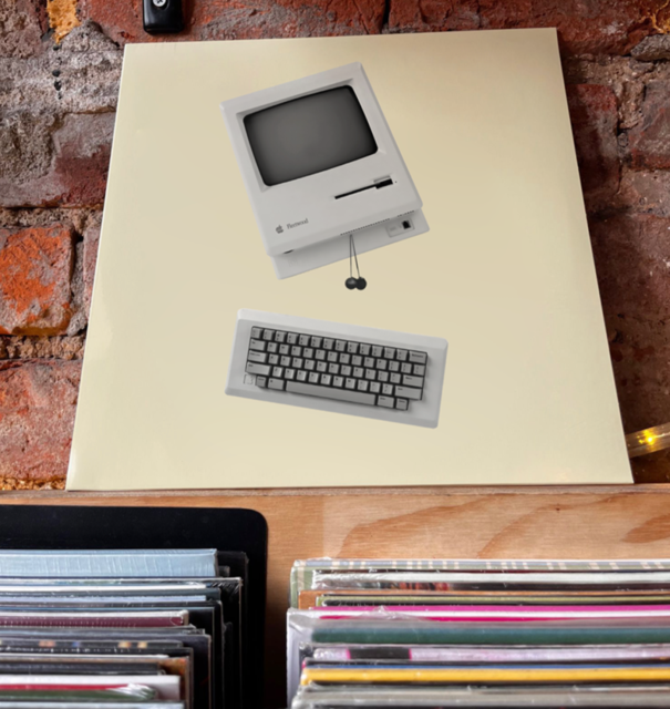 A picture of an album unveiled in a record store, with a classic Fleetwood Mac in greyscale on a light pastel yellow background.