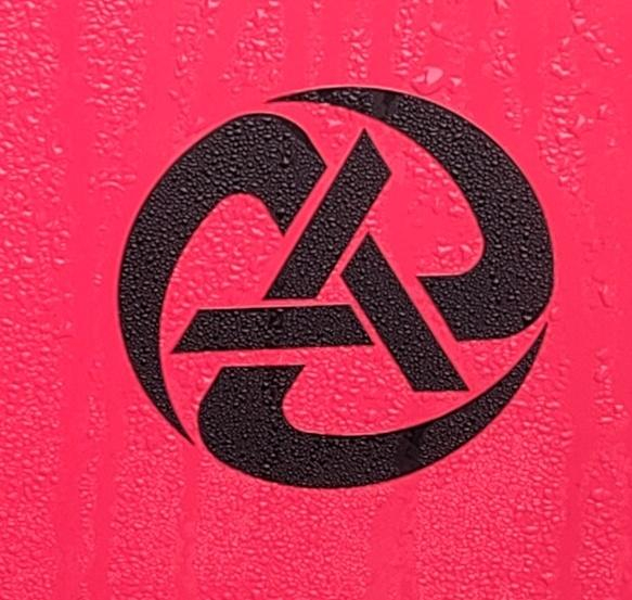 Black symbol on a red car. It looks like an "A" surrounded in a swirly circle