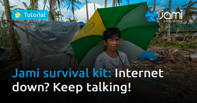 Tutorial visual for Jami survival kit: a woman holds a large green-and-yellow umbrella in a disaster-struck area with debris and damaged palm trees; overlaid text reads, “Jami survival kit: Internet down? Keep talking!”