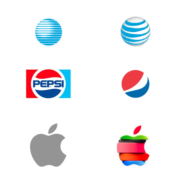 redesign side by side of classic logos (AT&T, Pepsi, Apple) showing a clean two dimensional and well balanced before version, and a cheap looking 3d redesign "after" version.