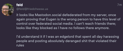 A screenshot of a toot from Feld about his instance being defederated.