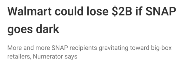 Walmart could lose $2B if SNAP goes dark

More and more SNAP recipients gravitating toward big-box retailers, Numerator says