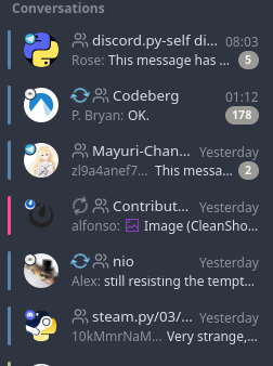 A screenshot of gajim's chat list, where one can see telegram, mattermost, matrix and discord small icons on the top left of the chat main icon.