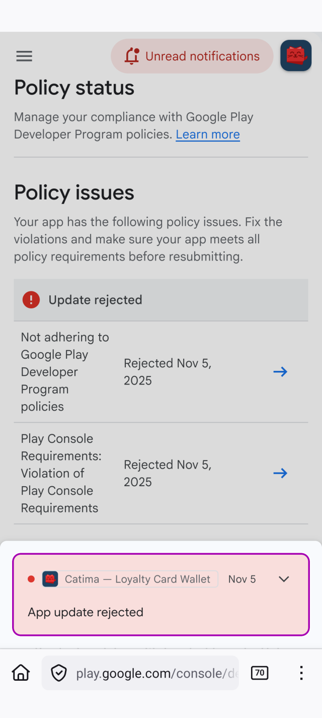 A screenshot of the Google Play Console stating that the app update has been rejected