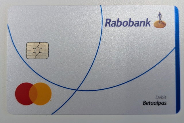 A debit card from Rabobank, with Mastercard logo and text Debit Betaalpas.