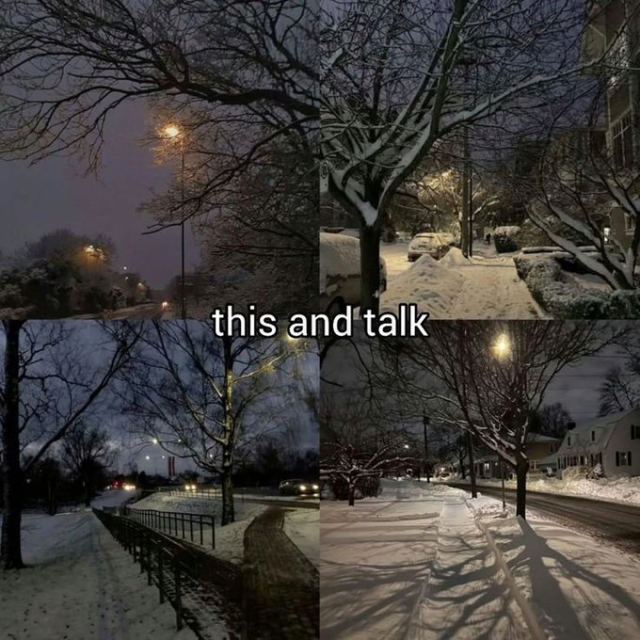 A four-panel image collage, with white text in the center that reads "this and talk". Each of the four panels shows a different quiet, snowy street scene at night, with bare trees, sidewalks, and roads covered in snow and illuminated by the glow of streetlights.