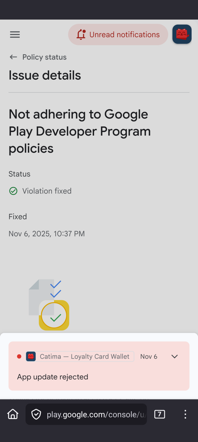 A screen sharing both an "issue resolved" and "update rejected" alert
